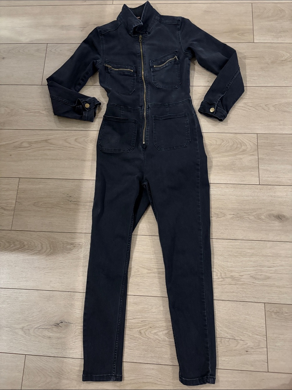 Free People Black Zip-Front Denim Jumpsuit
